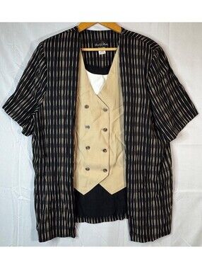 David Rose Blazer Vest Set 18W Black Beige Stripe 80s Made USA Acetate